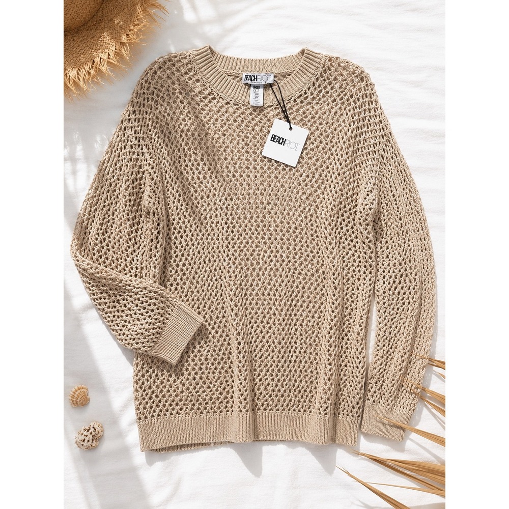 Beach Riot Tan Beige Open Knit Fishnet Cotton Sweater Womens Small‎ NWT